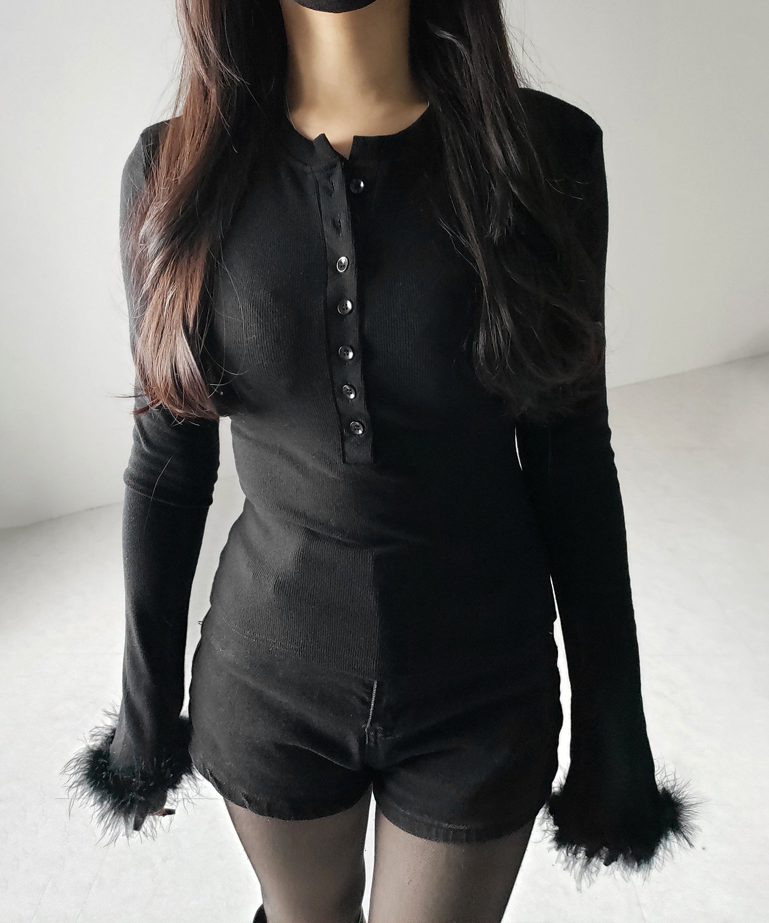 【 2color 】ファースリーブヘンリーネックリブトップス / fur sleeve henley neck lib tops