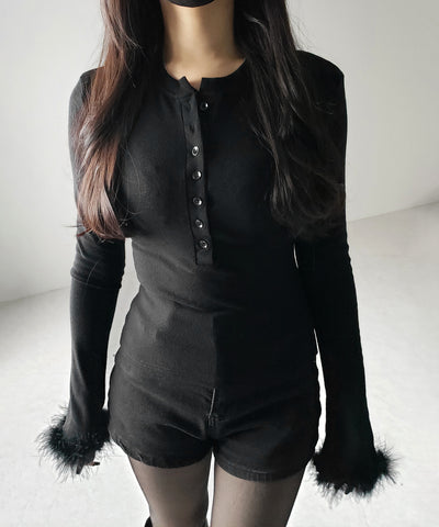 【 2color 】ファースリーブヘンリーネックリブトップス / fur sleeve henley neck lib tops