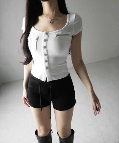 アウトポケットスクエアネックスリムTシャツ /Out pocket square neck slim T-shirt