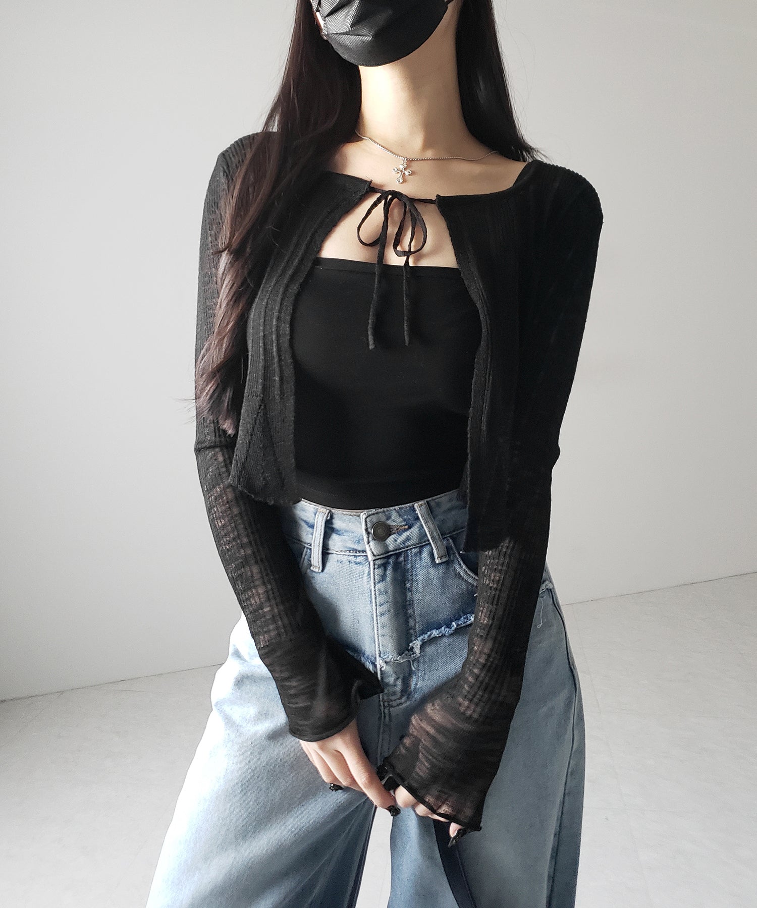 【 2color 】フロントリボンシアーニットショートカーディガン / front ribbon sheer knit short cardigan