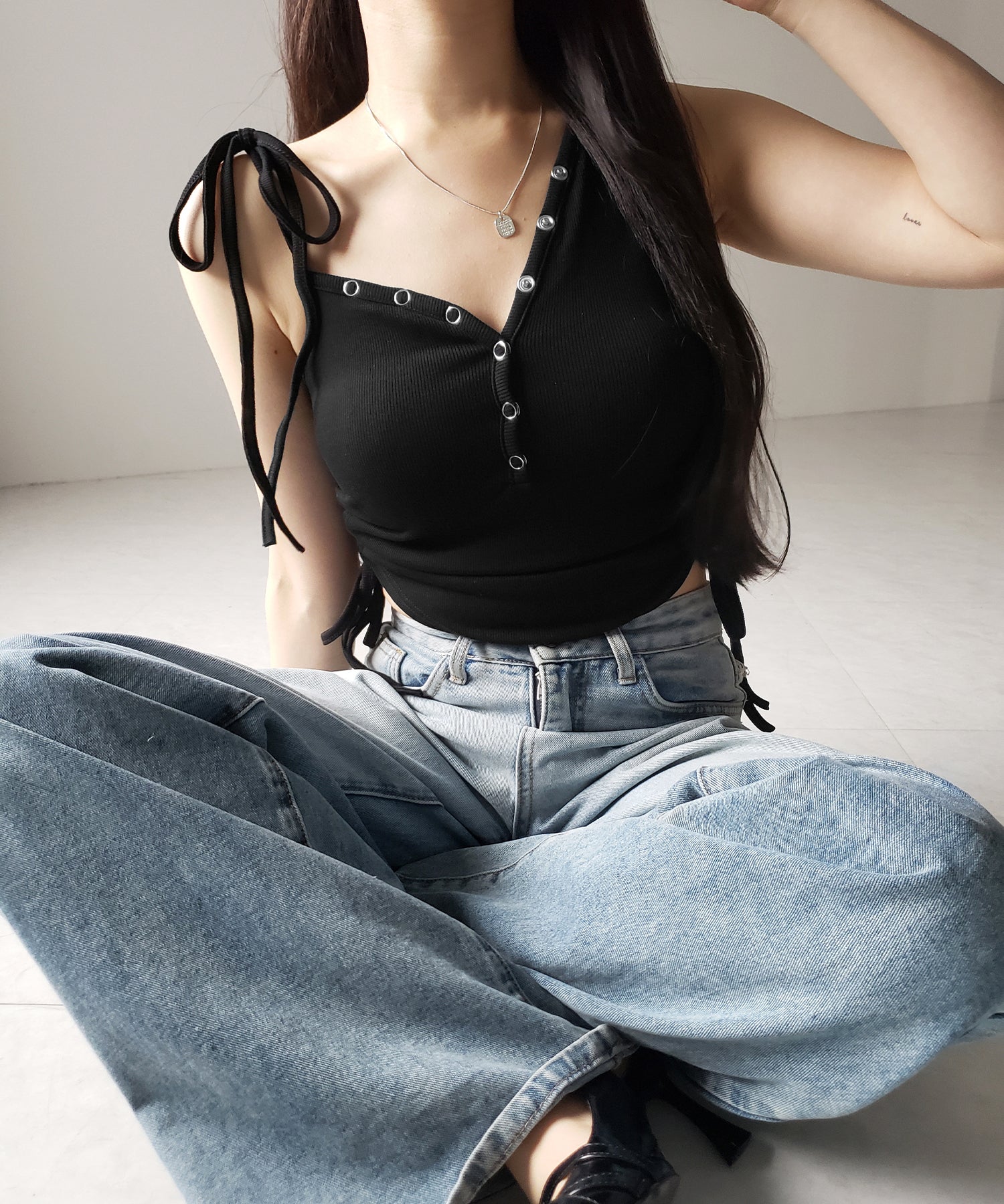 ショルダーリボンシャーリングキャミタンクトップ/ shoulder ribbon shirring cami tank top