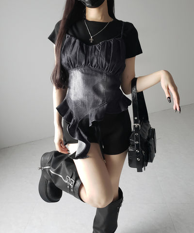 【 2点セット 】ヴィンテージデニムビスチェ & 半袖レイヤードTシャツセット / vintage denim bustier & short sleeve layered T-shirts set