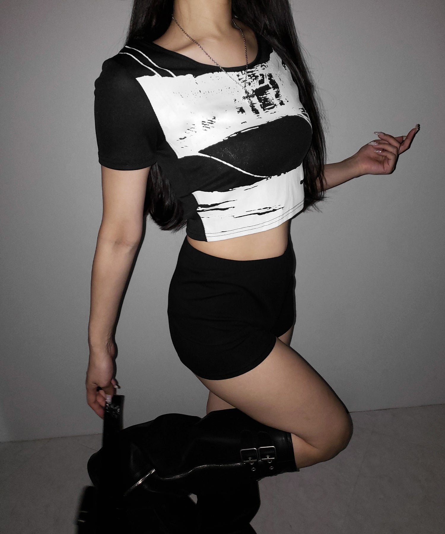 ヴィンテージプリント半袖ショートリブTシャツ / vintage print short sleeve short lib t-shirt