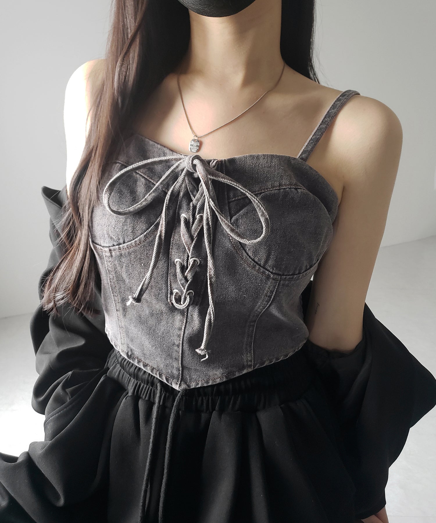 レースアップリボンコルセットデニムビスチェ / lace up ribbon corset denim bustier