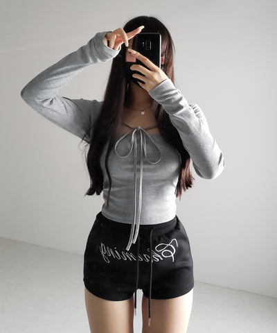 【 2点セット 】フロントリボン長袖ショートカーディガン+ ホルターキャミソール SET / front ribbon longsleeve short cardigan + halter camisole SET