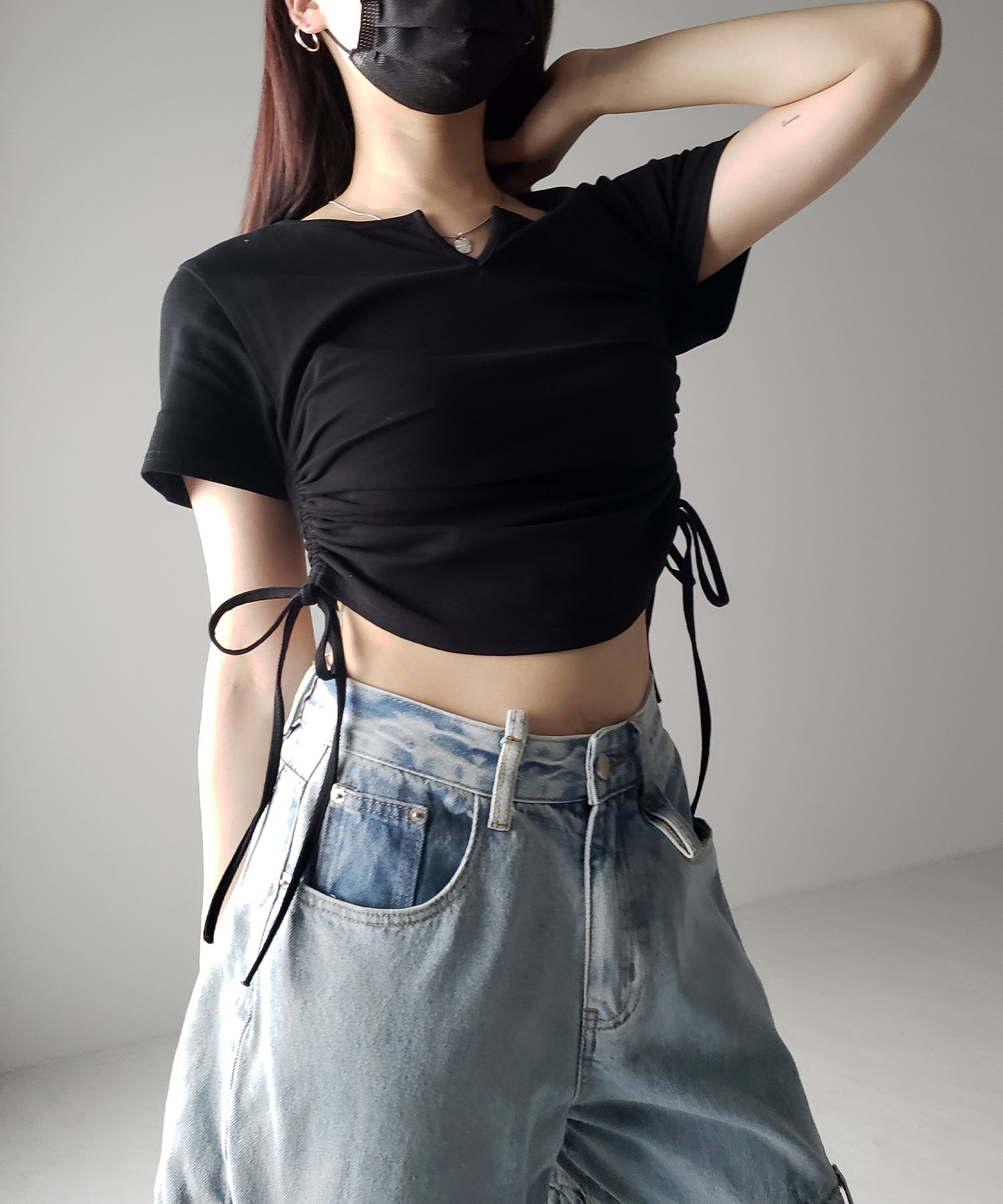 【 2color 】サイドシャーリングリボン半袖ショートTシャツ / side shirring ribbon short Tee