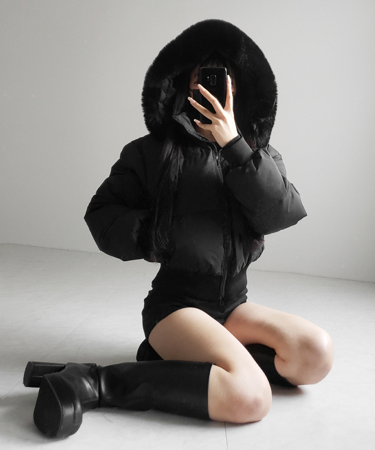 【 フード取り外し可能2WAY 】フェイクファーフードショート中綿ジャケット / 2WAY fake fur hoodie short fake down jacket