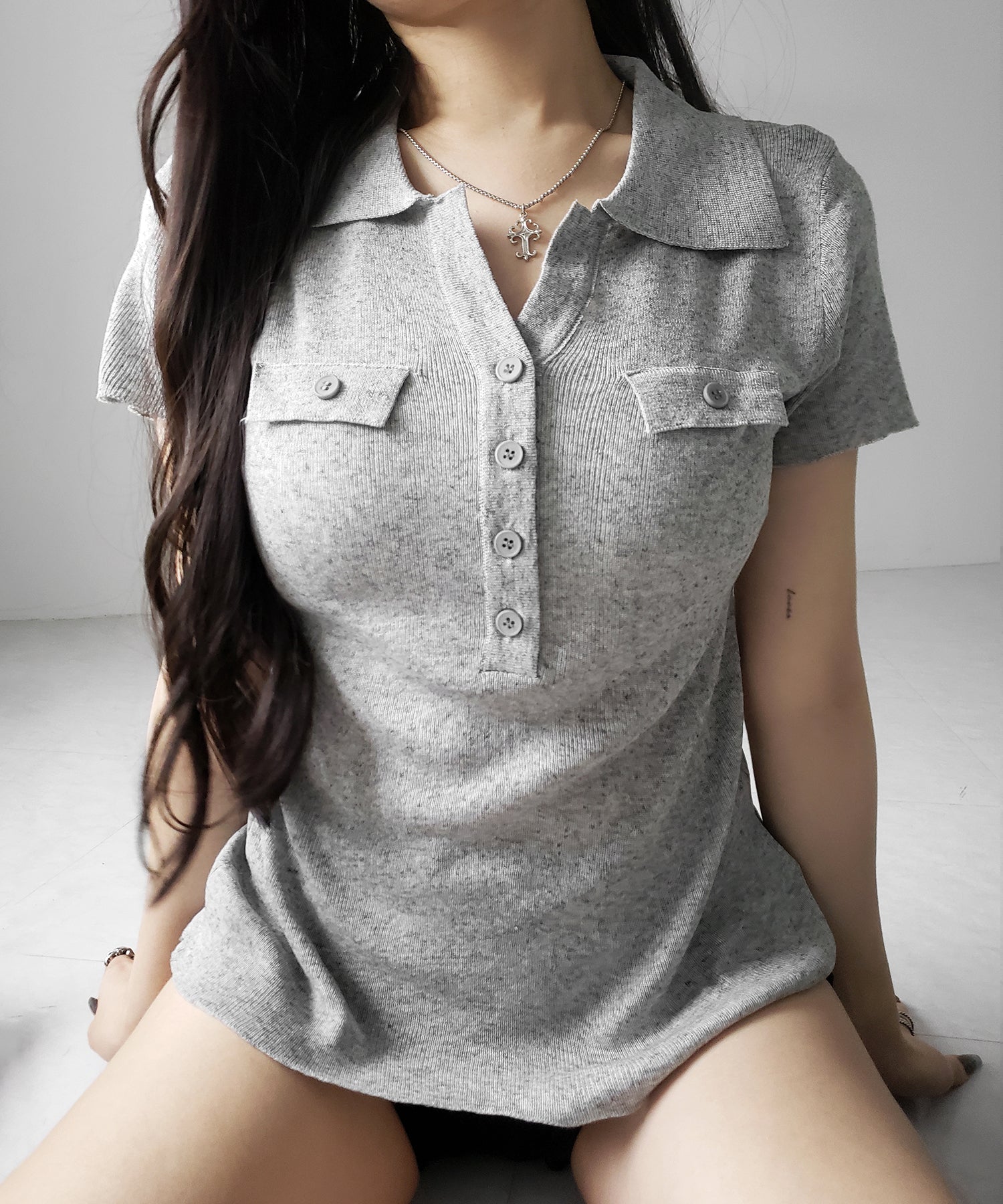 スキッパーボタンロングシアーニットトップス / skipper button long sheer knit tops
