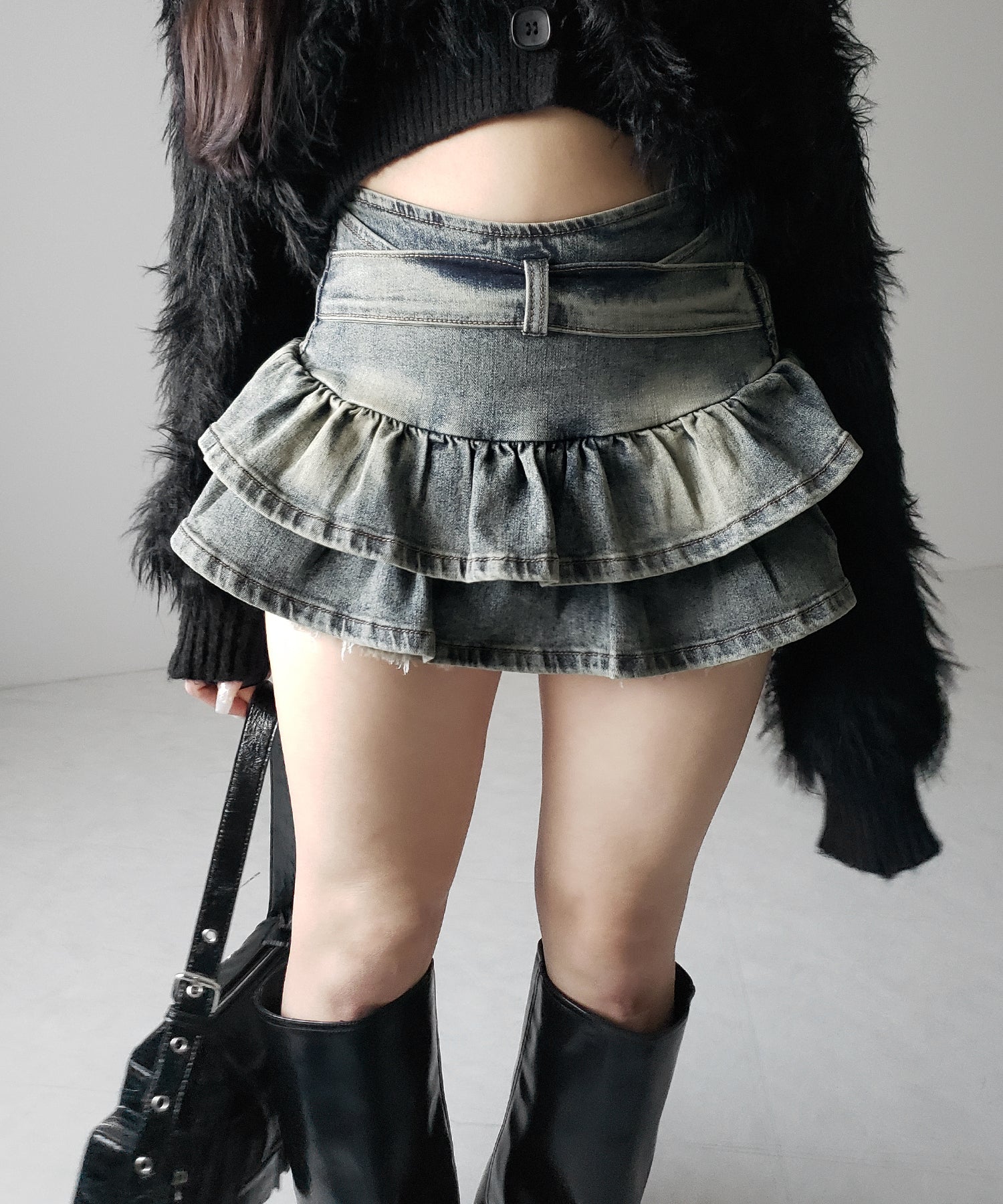 【 2color 】ベルテッドフリルヴィンテージデニムミニスカパン / Belted frill vintage denim mini skirt pants