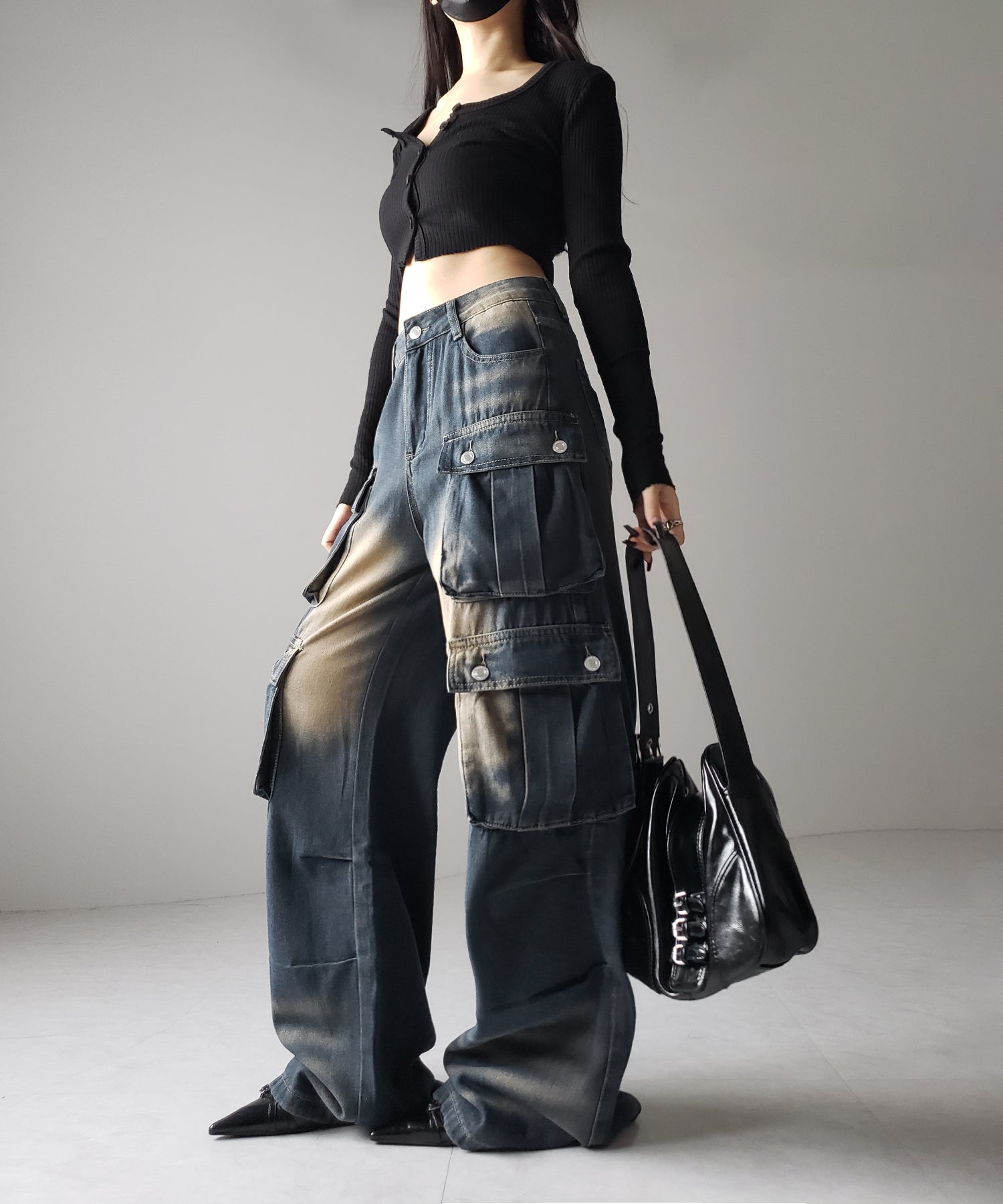 【 3color /4size 】オーバーダイグラデーションヴィンテージワイドカーゴデニム / overdyed gradation vintage wide cargo denim