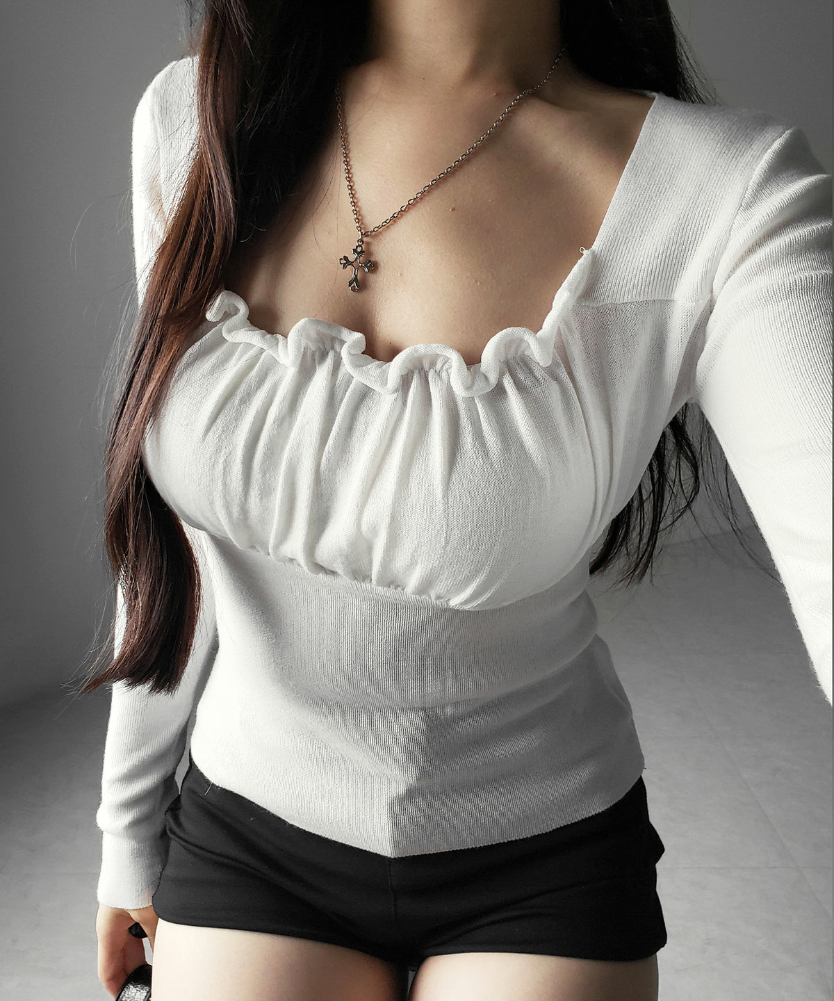 フリルギャザースクエアネック長袖ニットトップス / frill gather square neck longsleeve knit tops