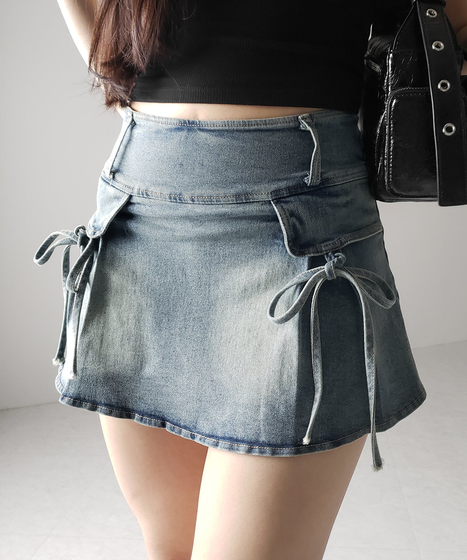 【 2color / 3size 】ヴィンテージライクリボンデニムミニスカパン / vintage like ribbon denim mini skirt pants