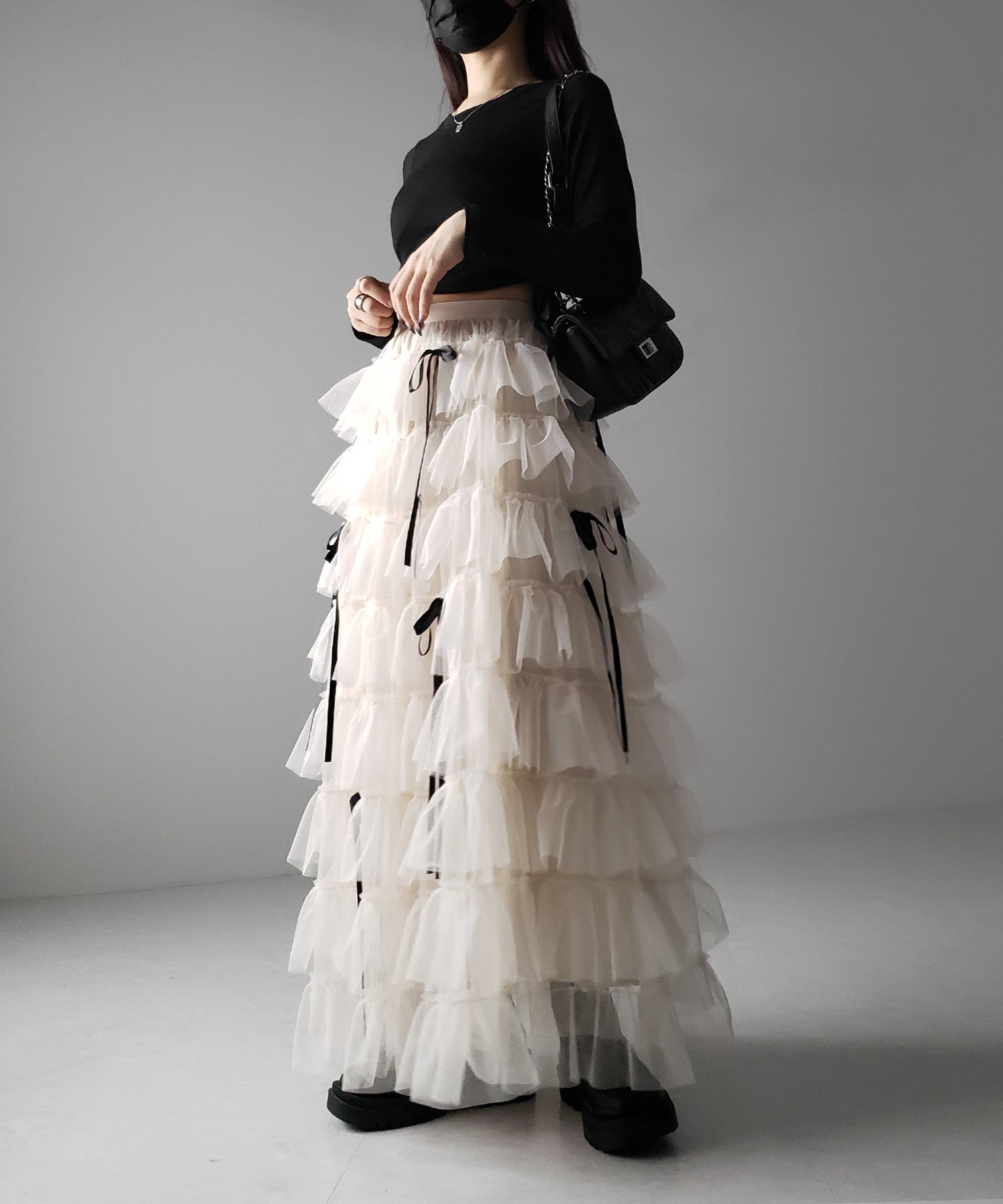 【 新色ピンク追加!/5color 】ストラップリボンバレエコアチュールスカート /strap ribbon ballet core tulle skirt