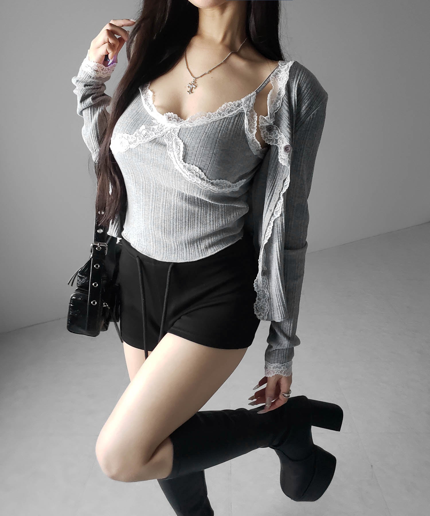 【 2点セット 】レースドッキングリブキャミソール + カーディガンセット / lace docking lib camisole + cardigan SET