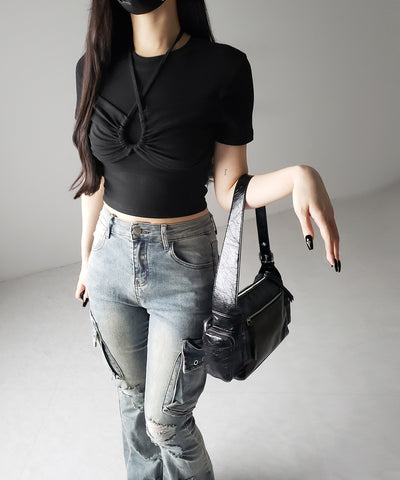 クロスネックレイヤードシャーリングTシャツ / cross neck layered shirring T-shirt