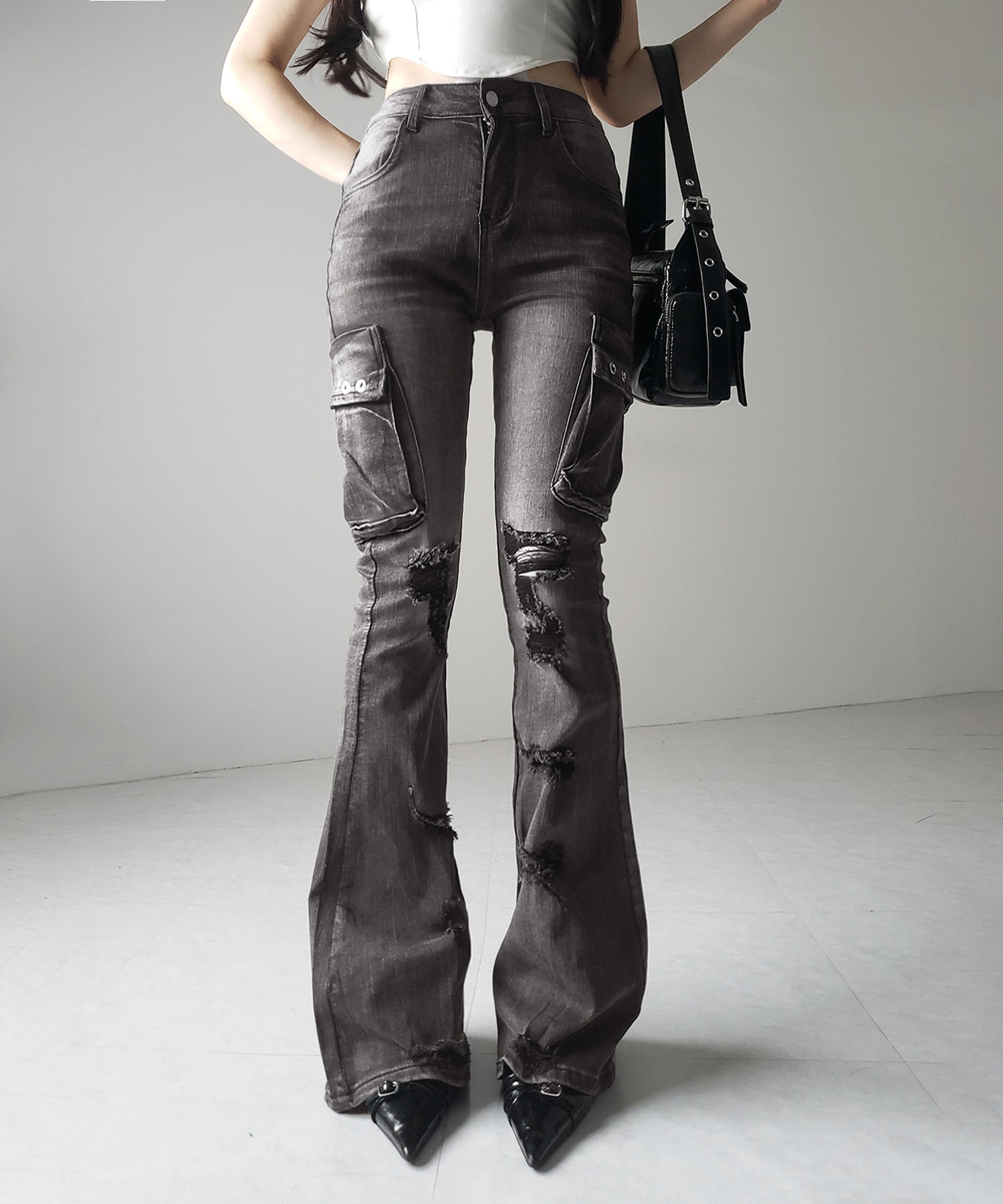 【 2color / 4size 】カーゴデザインヴィンテージライクダメージストレッチフレアデニム / cargo design vintage-like damage stretch flare denim