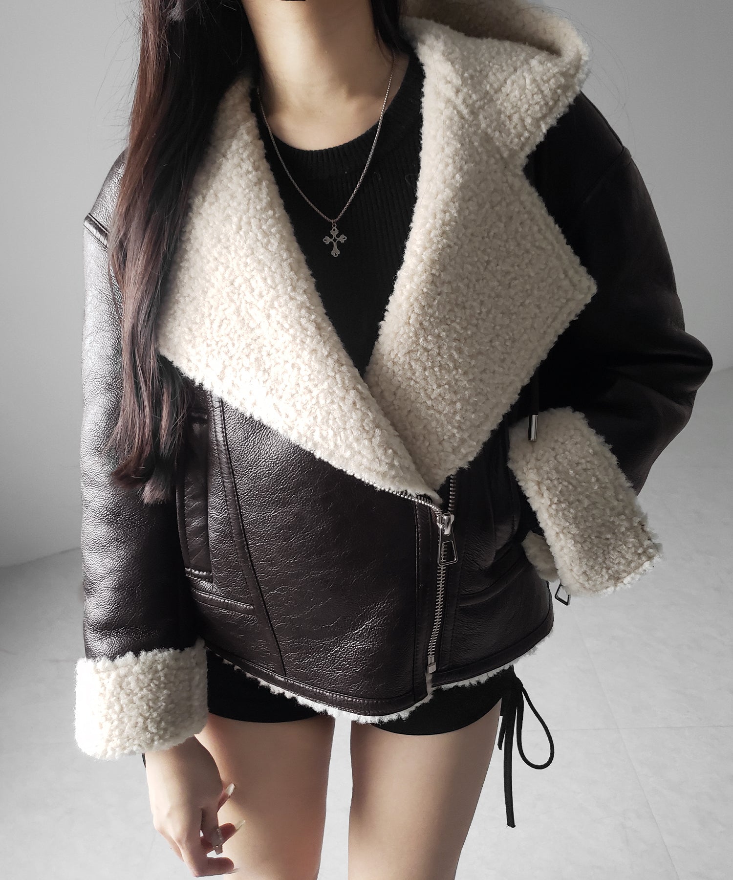 ヴィンテージレザーフーディボアムートンジャケット / vintage leather hoodie boa mouton jacket