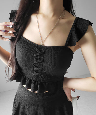 【 レディース水着/2点セット 】レースアップショルダーフリルハイウエストフレアビキニ / lace-up shoulder frill high waist flare bikini