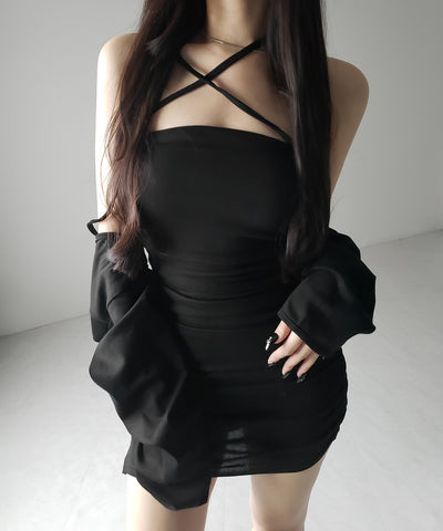 【 2点セット 】シャーリングタイトミニワンピ &フロントリボンショートカーディガン ワンホンセットアップ / shirring tight mini onepiece & front ribbon short cardigan wanghong setup