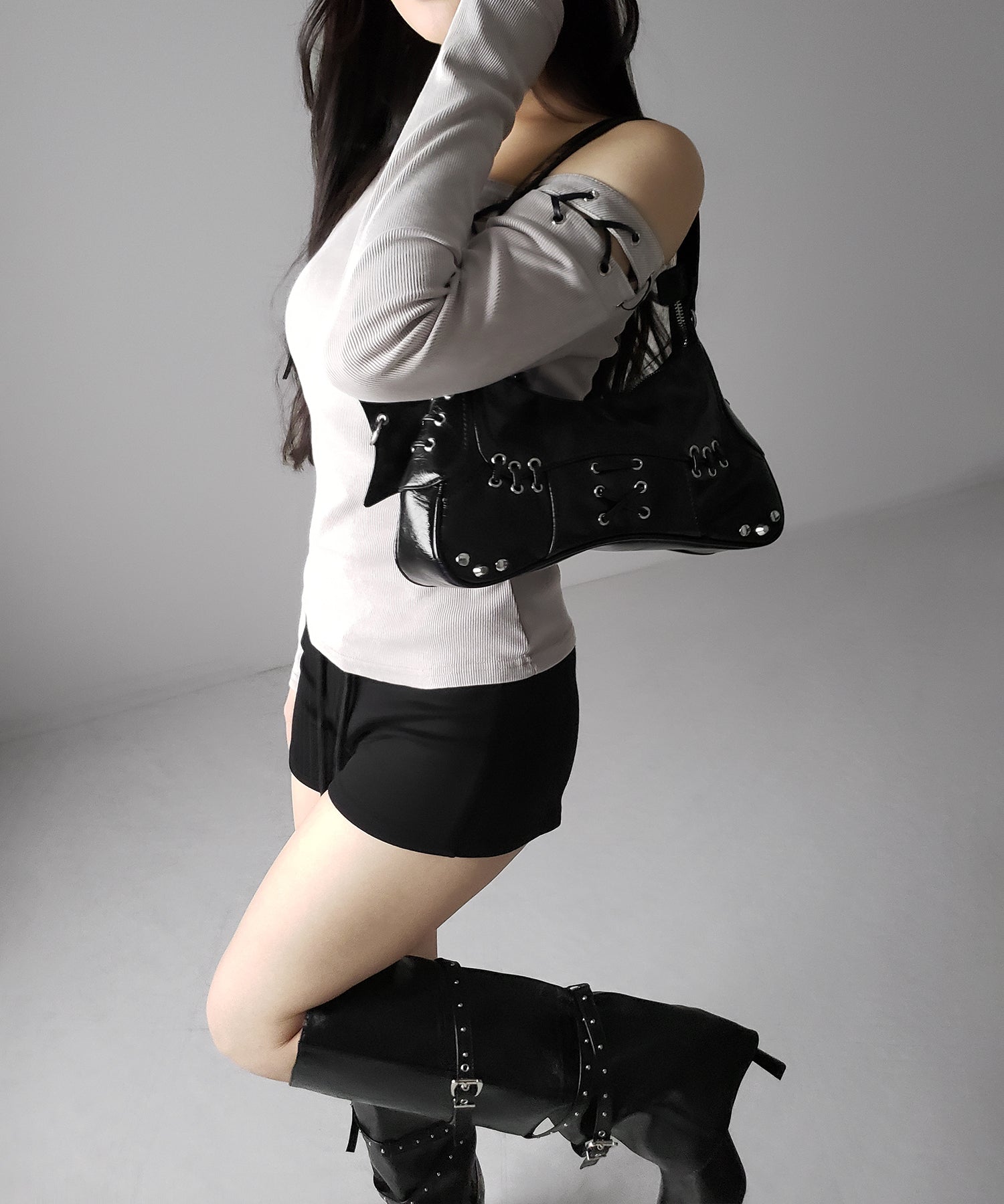 ヴィンテージカットアウトレースアップワンショルリブトップス / vintage cutout laceup one shoulder lib tops