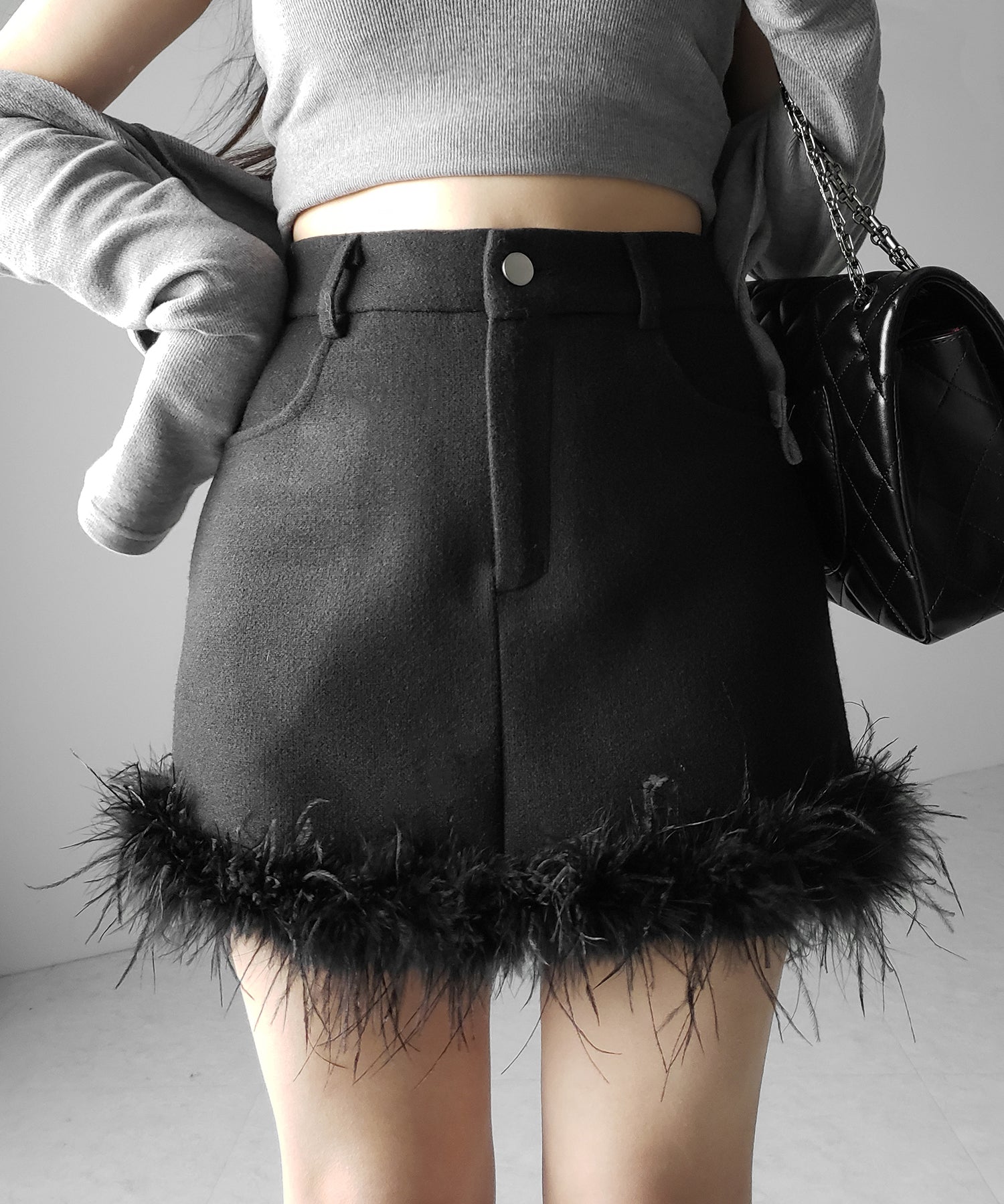 【 インナーパンツ裏地付 】ファードッキングウールライクレディミニスカート / fur docking woollike lady mini skirt