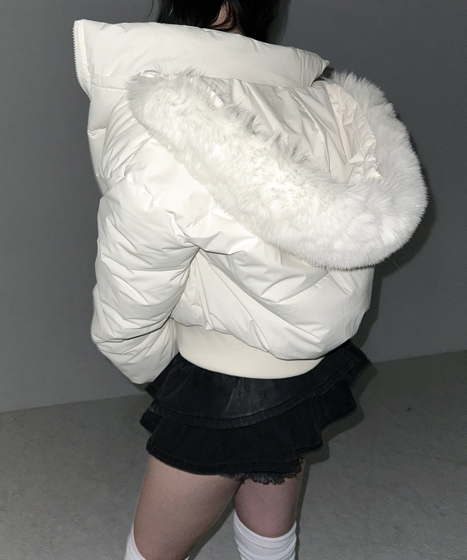 【 フード取り外し可能2WAY 】フェイクファーフードショートダウンジャケット / 2WAY fake fur hoodie short down jacket