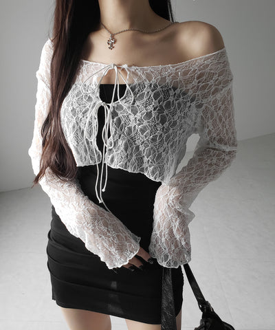 ダブルストラップリボンショートレースカーディガン /double strap ribbon short lace cardigan