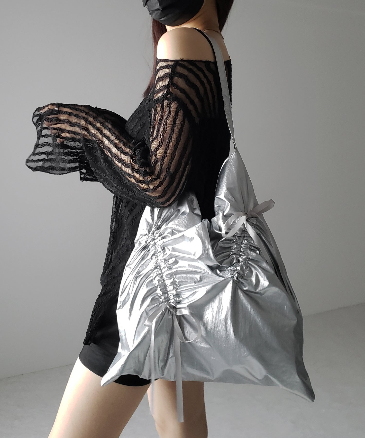 【 2color 】シャーリングリボンメタリックトートバッグ / shirring ribbon metallic tote bag