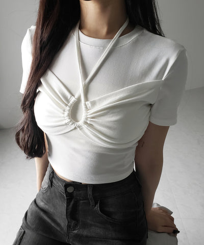 クロスネックレイヤードシャーリングTシャツ / cross neck layered shirring T-shirt