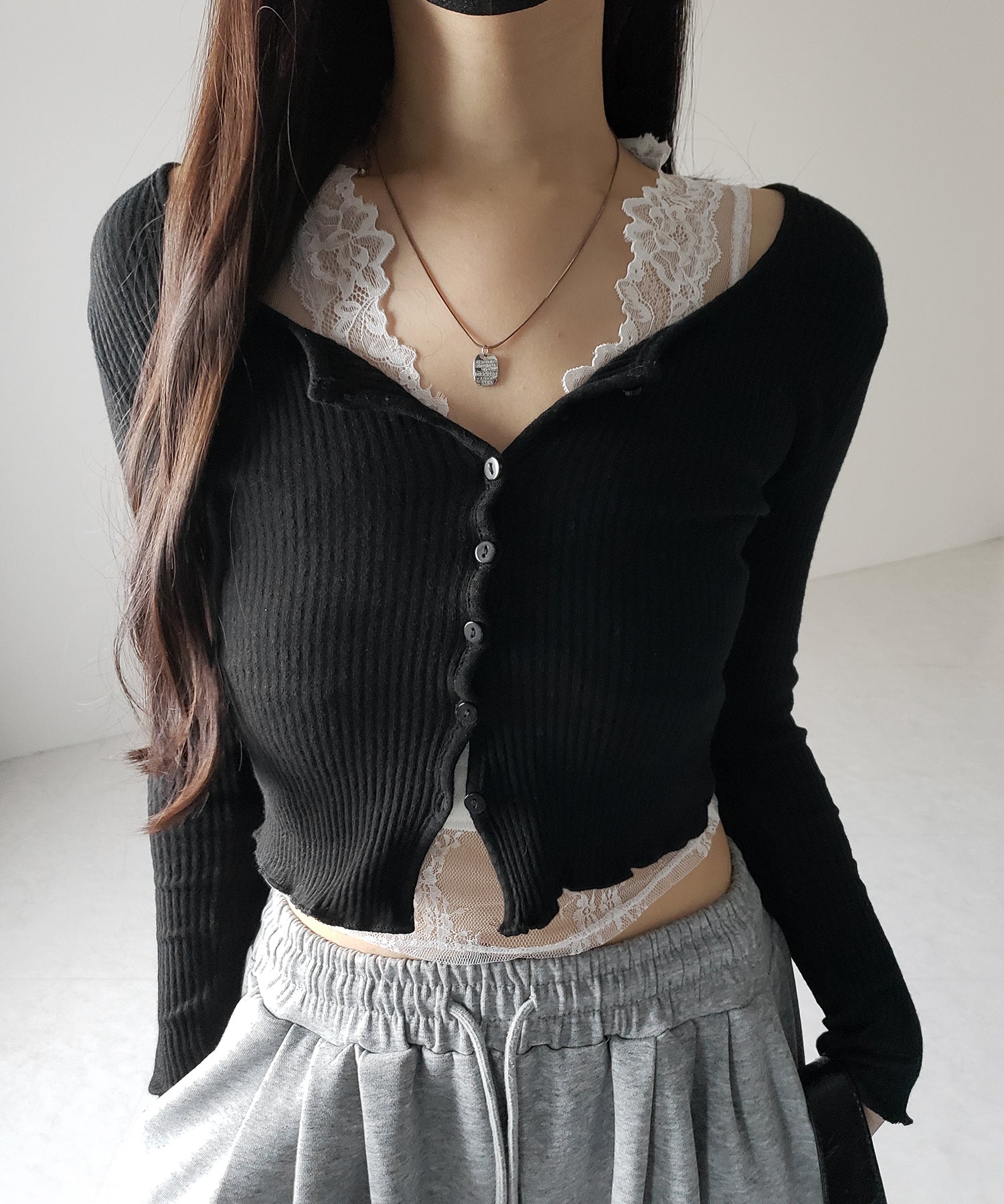 【 2点セット 】レイヤードレースシアーリブカットソーカーディガン / layered lace sheer rib cut and sew cardigan