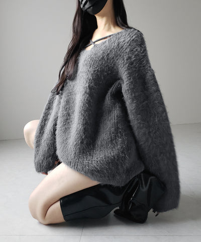 クロスストラップカットアウトルーズシャギーニット