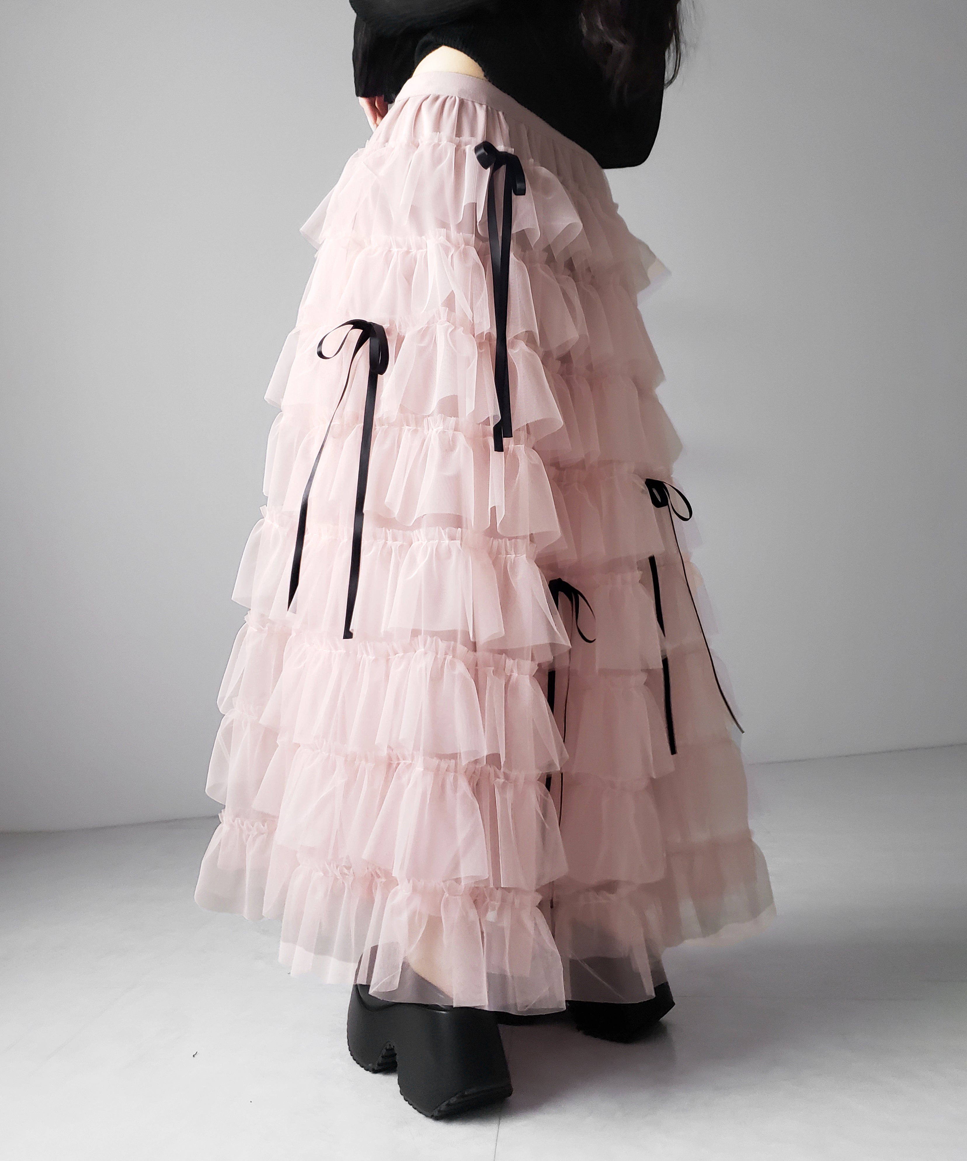 【 新色ピンク追加!/5color 】ストラップリボンバレエコアチュールスカート /strap ribbon ballet core tulle skirt