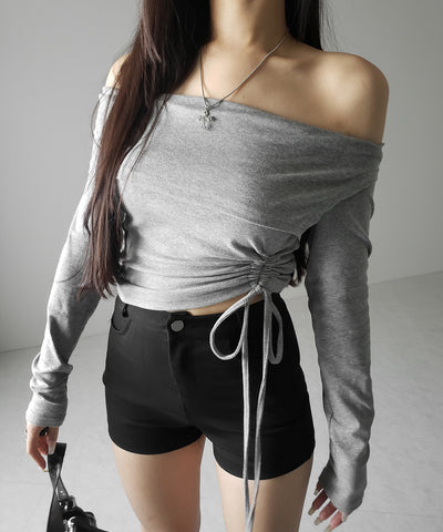 シャーリングリボンショートオフショルカットソートップス / shirring ribbon short off shoulder cutsew tops