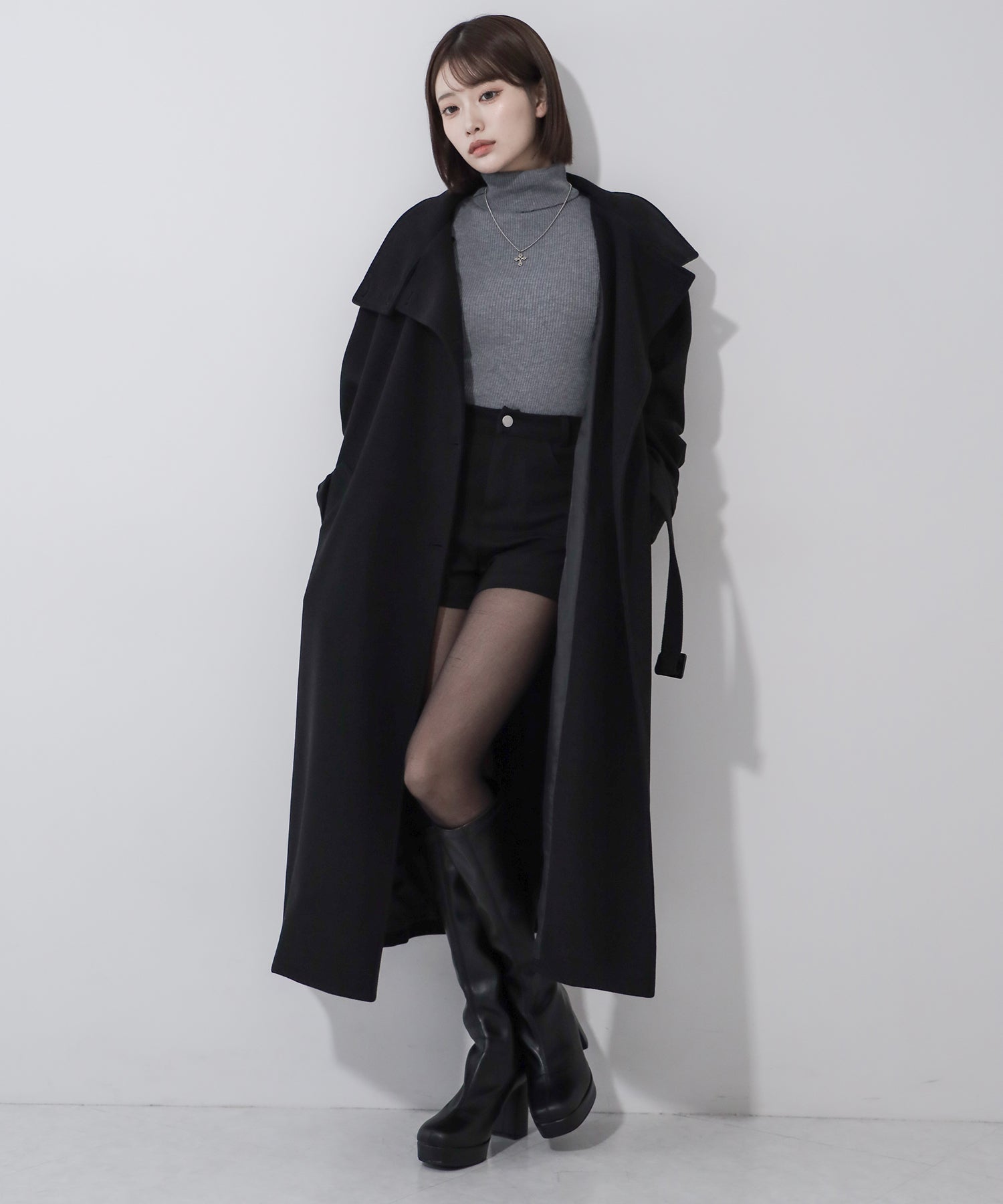 【 ウエストマークベルトSET 】2WAY スタンドカラーレディメルトントレンチロングコート / 2WAY stand collar lady melton trench long coat