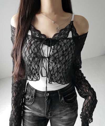 ダブルストラップリボンショートレースカーディガン /double strap ribbon short lace cardigan