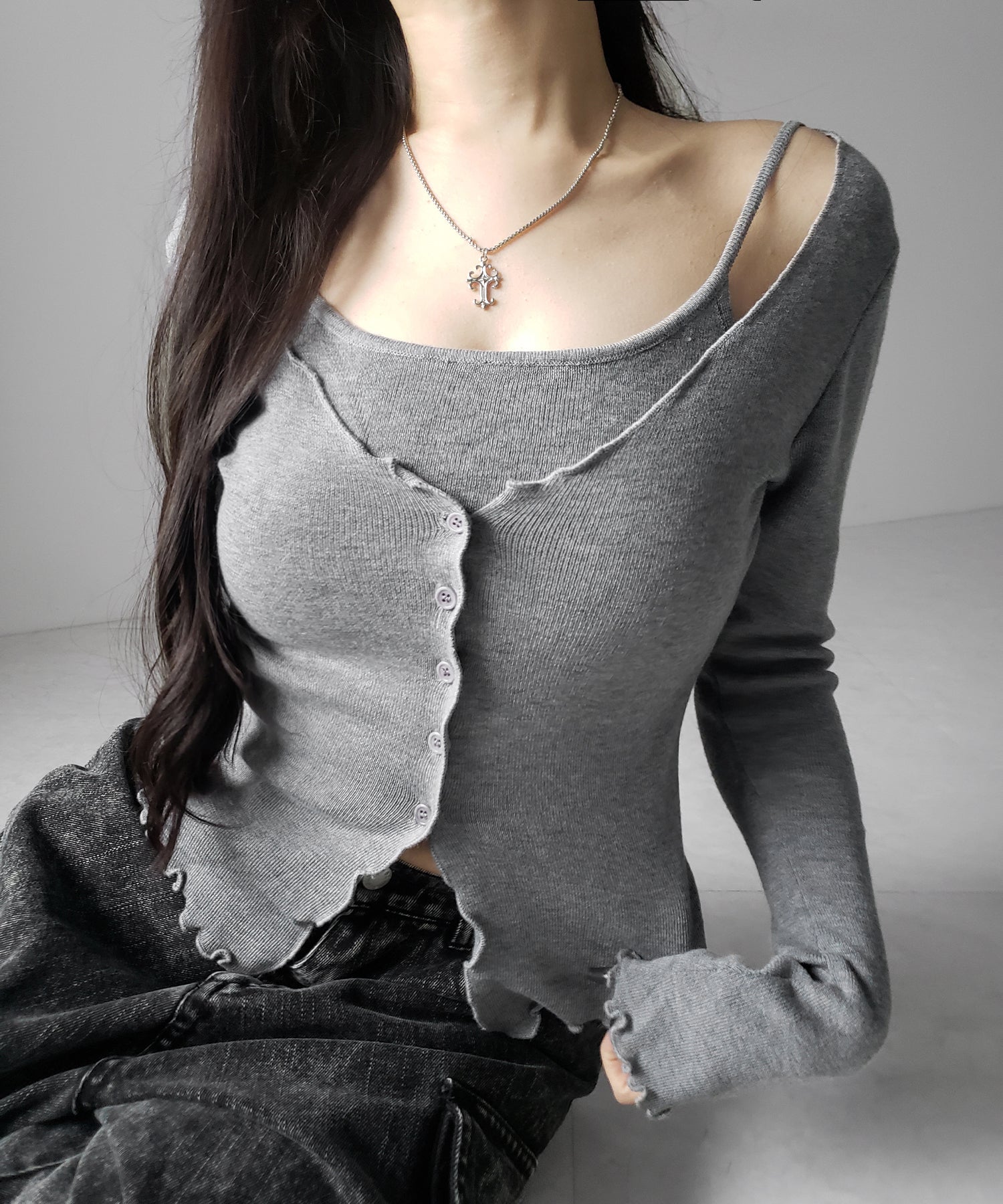 レイヤード風メロースリムニットカーディガン / layered mellow slim knit cardigan