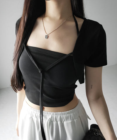 【 2点セット 】フロントリボンショートカーディガン+ ホルターキャミソール SET / front ribbon short cardigan + halter camisole SET