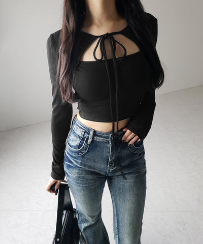 【 2WAY / 裏起毛 】フロントリボンカットアウトドッキングショートトップス / front ribbon cutout docking short tops
