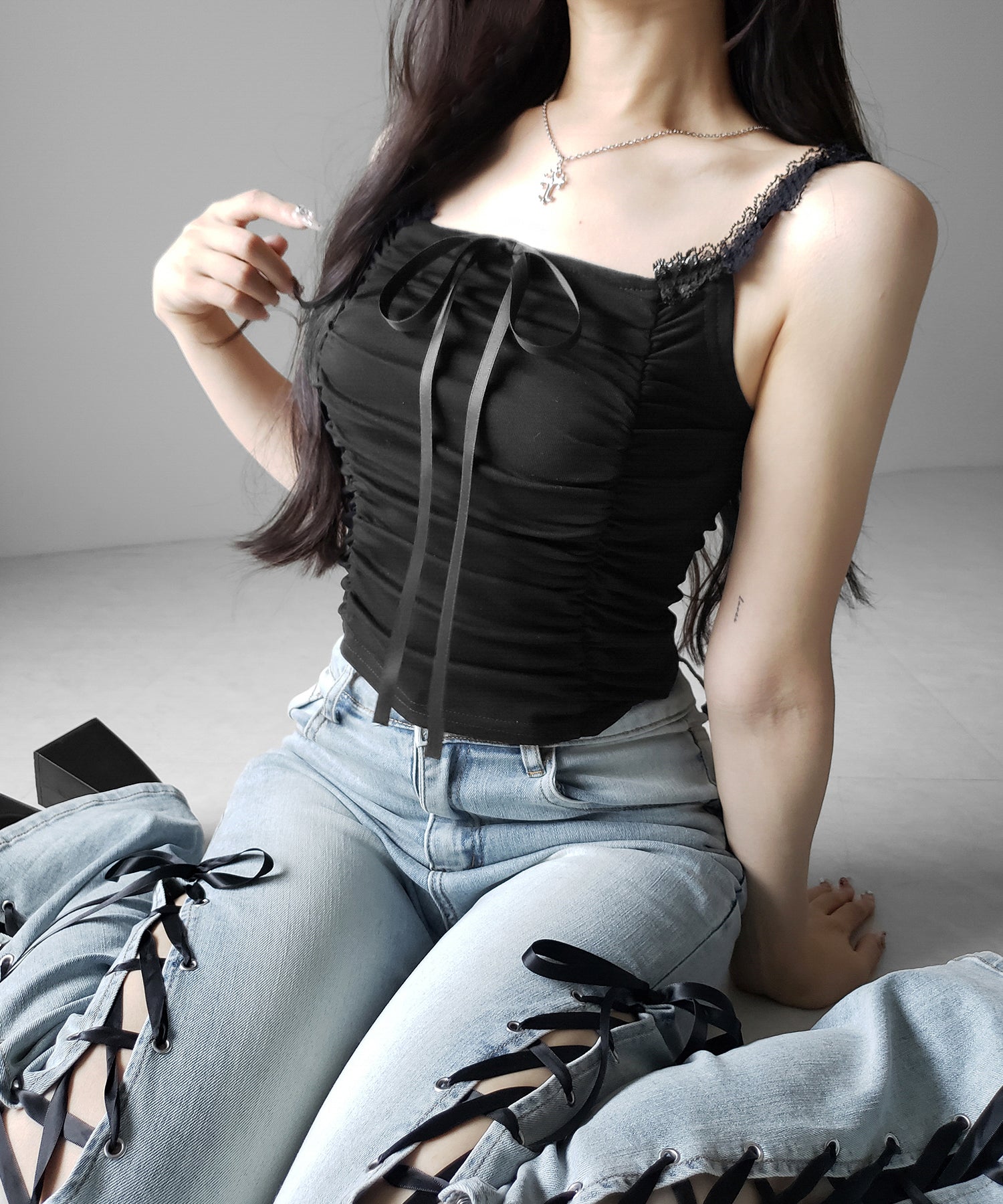 シャーリングギャザーフロントリボンキャミソール / shirring gather front ribbon camisole