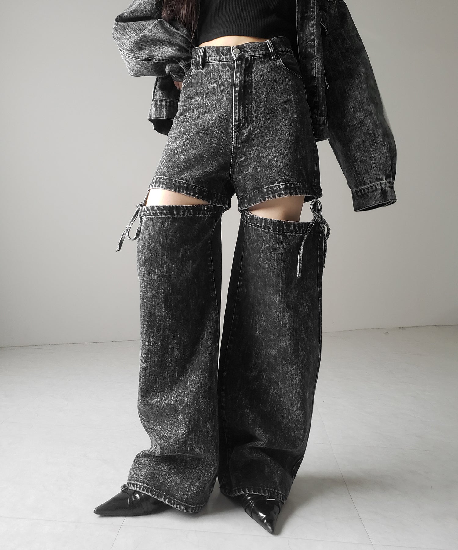 【 セットアップ着用可能 】2WAYヴィンテージケミカルブリーチカットアウトリボンデニム / 2WAY vintage chemical bleach cutout ribbon denim