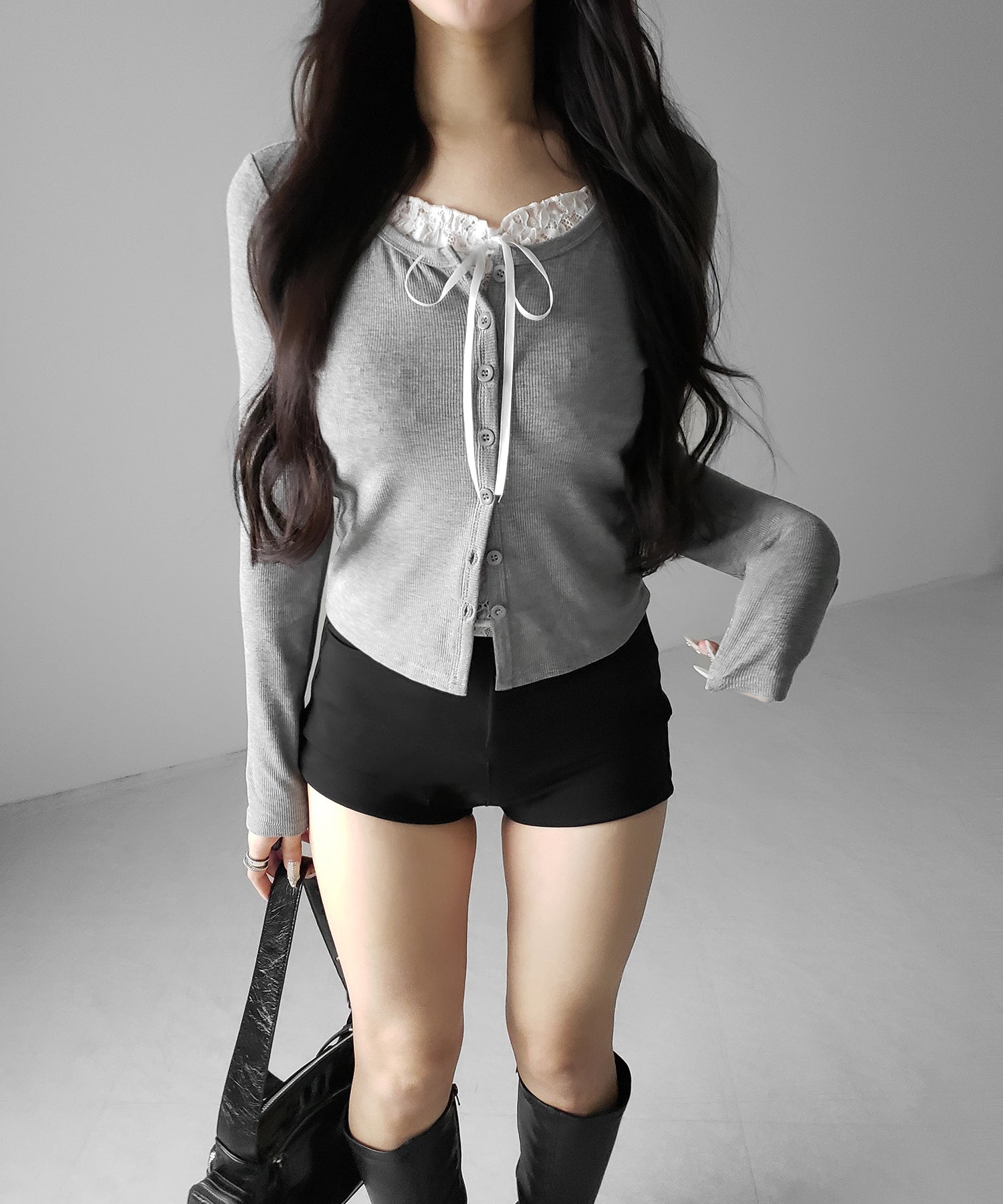 フロントリボンレースレイヤード長袖リブカーディガン /front ribbon lace layered long-sleeve rib cardigan
