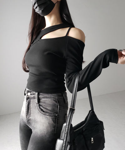 ショルダーカットアウトストラップリブトップス / shoulder cutout strap lib tops