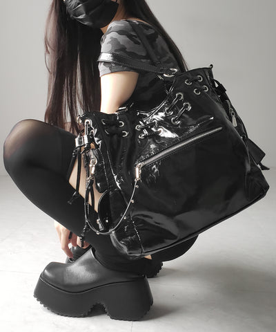 【 ショルダーストラップ付き2WAY 】ハトメデザインストリングアウトポケットヴィンテージショルダーバッグ / hatome design string outpocket vintage shoulder bag