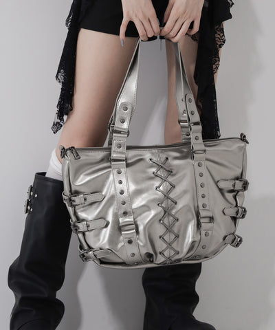 【 ショルダーストラップ付き2WAY 】レースアップベルテッドスタッズデザインヴィンテージショルダーバッグ / ( 2WAY ) laceup belted studs design vintage shoulder bag