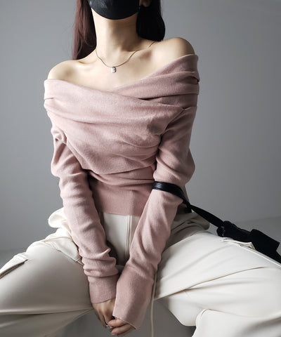 タックデザインドレープオフショルダーリブニット