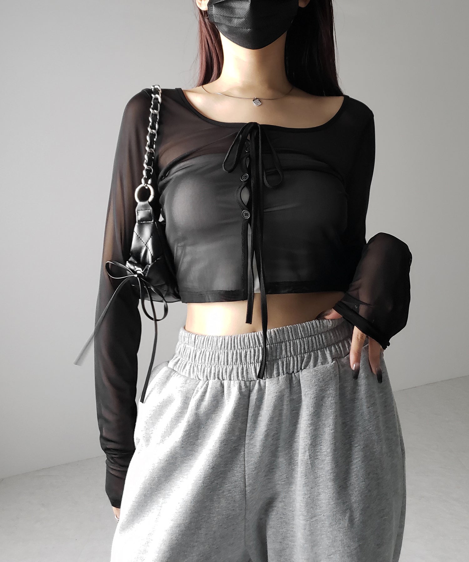 【 3color / 2WAY 】クロスストラップリボンシアーショートカーディガン / cross strap ribbon sheer short cardigan