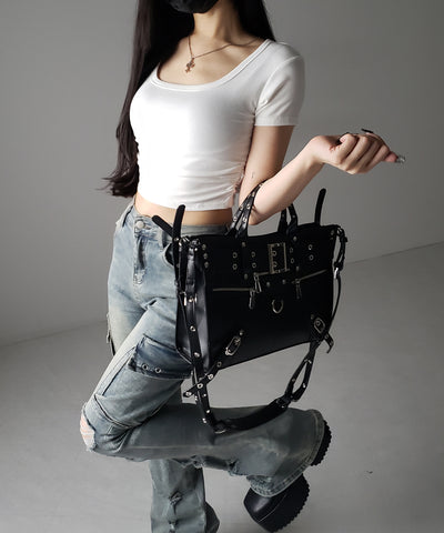 スクエアネックショートスリム半袖Tシャツ / square neck short slim sleeve T-shirt