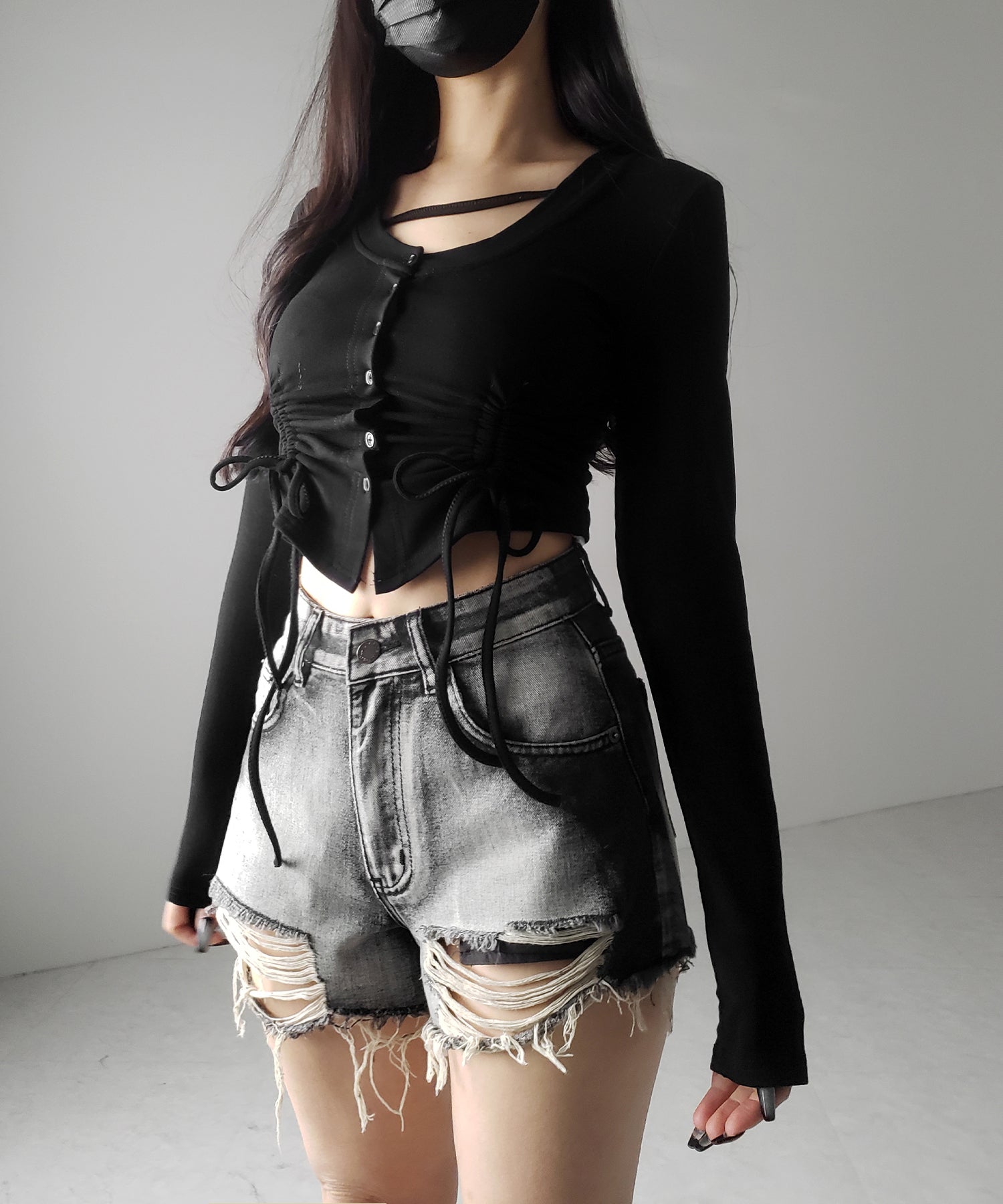 【 2color / 裏起毛 】ナナメストラップダブルシャーリングリボントップス / naname strap double shirring ribbon tops