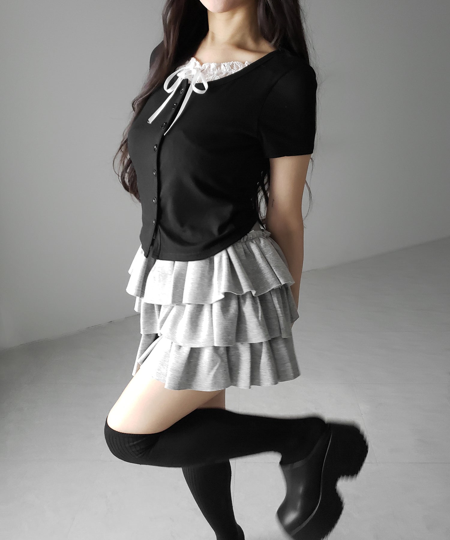 フロントリボンレースレイヤード半袖リブトップス /front ribbon lace layered short sleeve rib tops