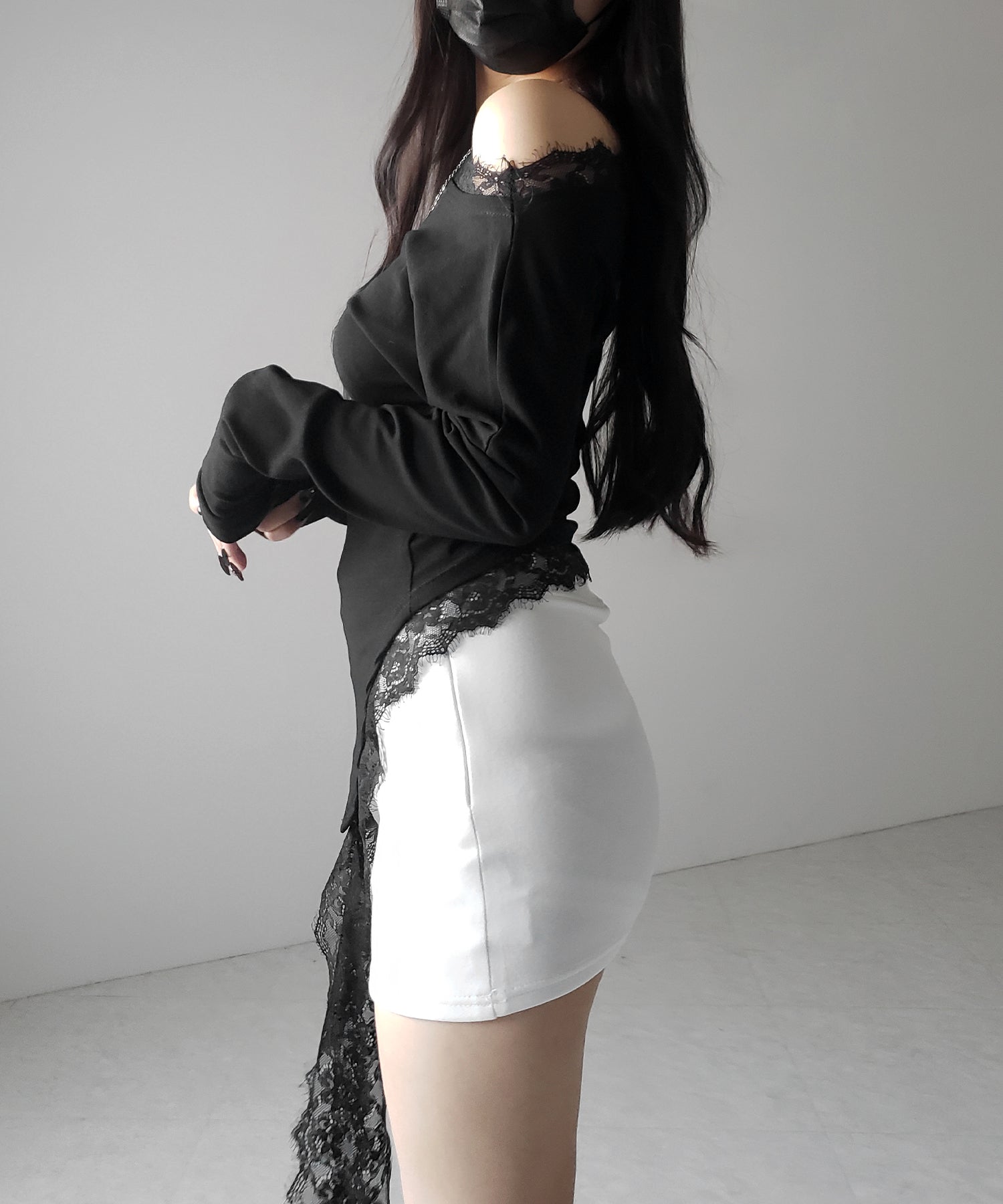 【 2color 】ワンショルダーレースドッキングアシンメトリートップス / one shoulder lace docking asymmetry tops